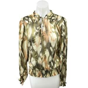 Rachel Zoe Multicolor Silk Satin Ruffle Tie Smocked Long Sleeve Blouse Top Sz L